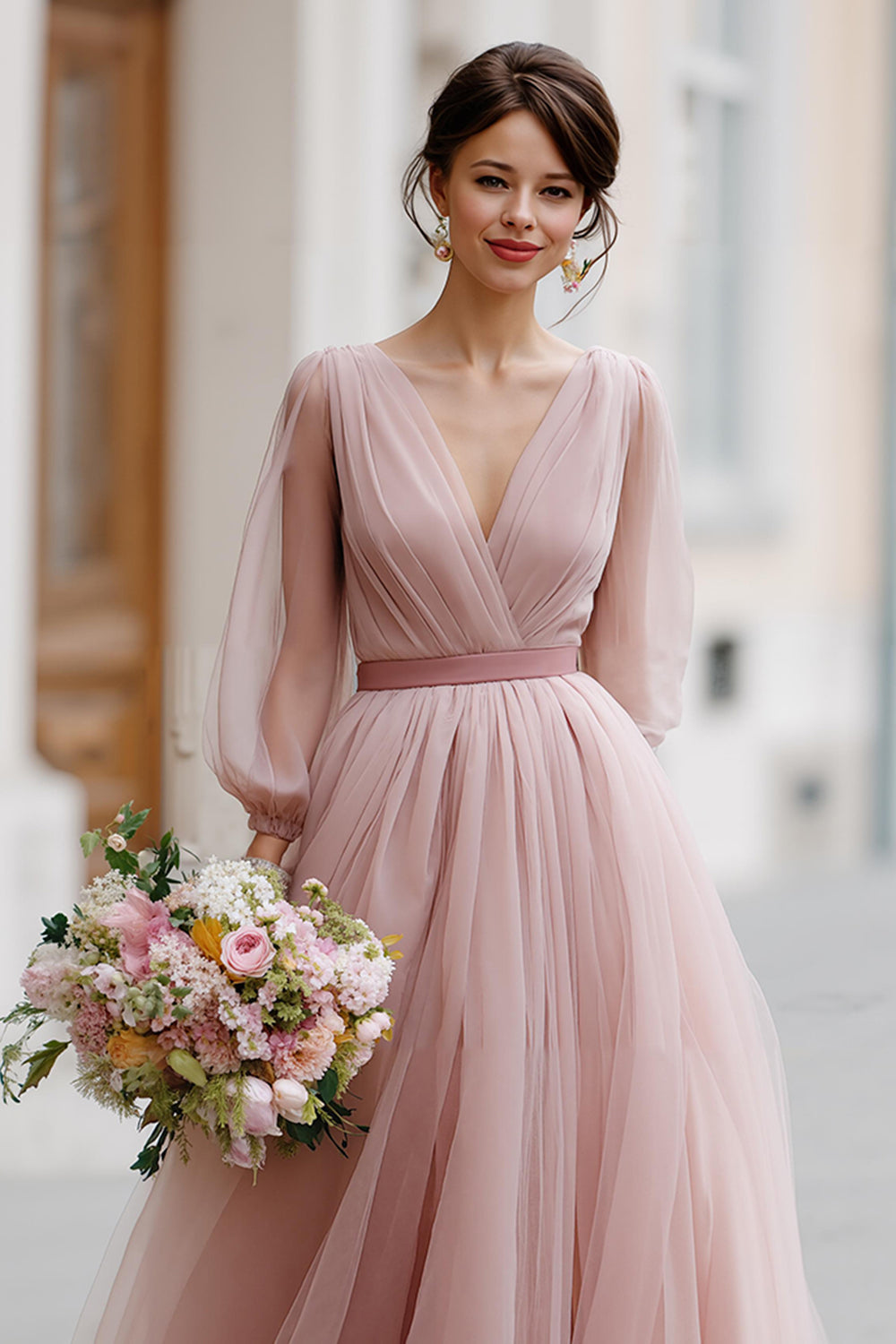 WEDTREND Women Dusty Rose Ruched Bridesmaid Dress A-Line Puff Sleeves V-Neck Wedding Guest Dress WEDTREND Women Dusty Rose Ruched Bridesmaid Dress A-Line Puff Sleeves V-Neck Wedding Guest Dress
