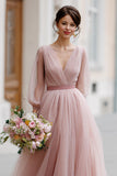 Dusty Rose A-Line Puff Sleeves Tulle V-Neck Long Bridesmaid Dress