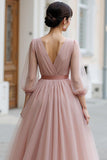 Dusty Rose A-Line Puff Sleeves Tulle V-Neck Long Bridesmaid Dress