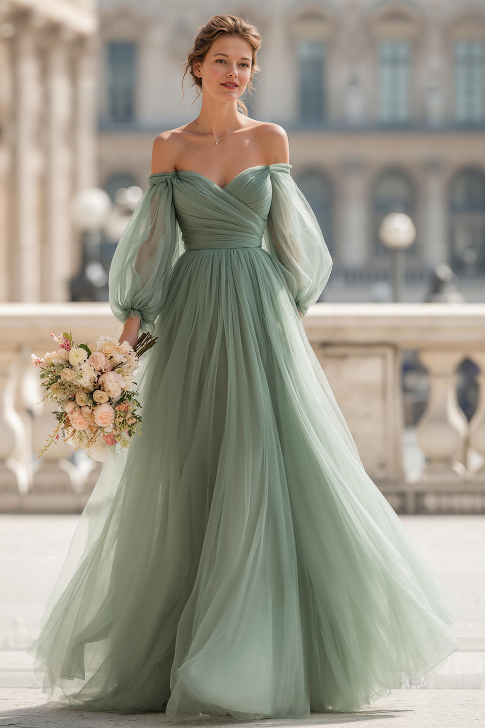 WEDTREND Women Ruched A-Line Bridesmaid Dress Off The Shoulder Puff Sleeves Eucalyptus Wedding Guest Dress WEDTREND Women Ruched A-Line Bridesmaid Dress Off The Shoulder Puff Sleeves Eucalyptus Wedding Guest Dress