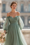 Ruched A-Line Off The Shoulder Eucalyptus Bridesmaid Dress