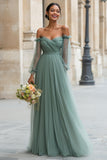 Off The Shoulder Eucalyptus A-Line Ruched Bridesmaid Dress