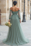 Off The Shoulder Eucalyptus A-Line Ruched Bridesmaid Dress