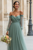 Off The Shoulder Eucalyptus A-Line Ruched Bridesmaid Dress