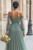 Off The Shoulder Eucalyptus A-Line Ruched Bridesmaid Dress