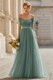 Eucalyptus Tulle A-Line Off The Shoulder Long Bridesmaid Dress