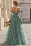 Eucalyptus Tulle A-Line Off The Shoulder Long Bridesmaid Dress