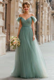 Eucalyptus A-Line Off The Shoulder Ruched Tulle Bridesmaid Dress