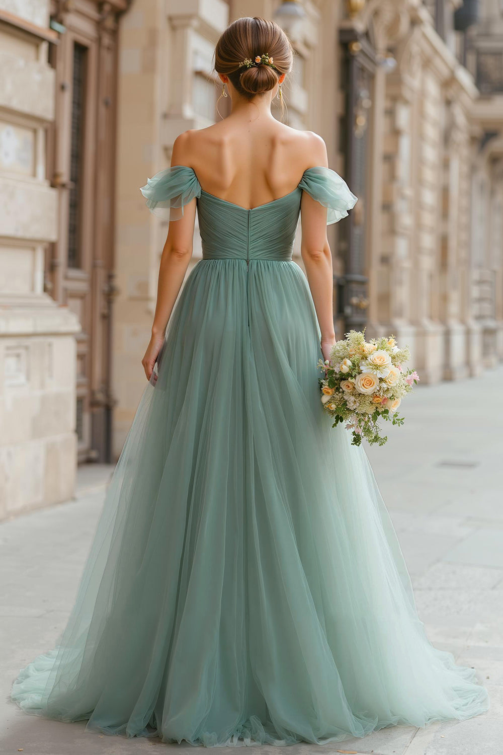 tulle wedding guest dress A-line Sweetheart Tea-length An elegant tea dress with a fit and flare silhouette Rosette Detail Tiered Tulle Midi