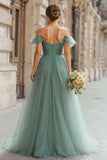 Eucalyptus A-Line Off The Shoulder Ruched Tulle Bridesmaid Dress