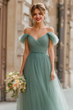Eucalyptus A-Line Off The Shoulder Ruched Tulle Bridesmaid Dress
