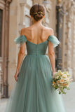 Eucalyptus A-Line Off The Shoulder Ruched Tulle Bridesmaid Dress