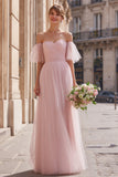 A-Line Off The Shoulder Blush Pink Bridesmaid Dress with Flutter Sleeves