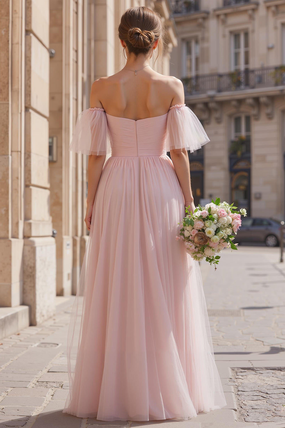 WEDTREND Women Blush Pink Bridesmaid Dress with Flutter Sleeves A-Line Off The Shoulder Tulle Wedding Guest Dress, Blush Pink / US18W
