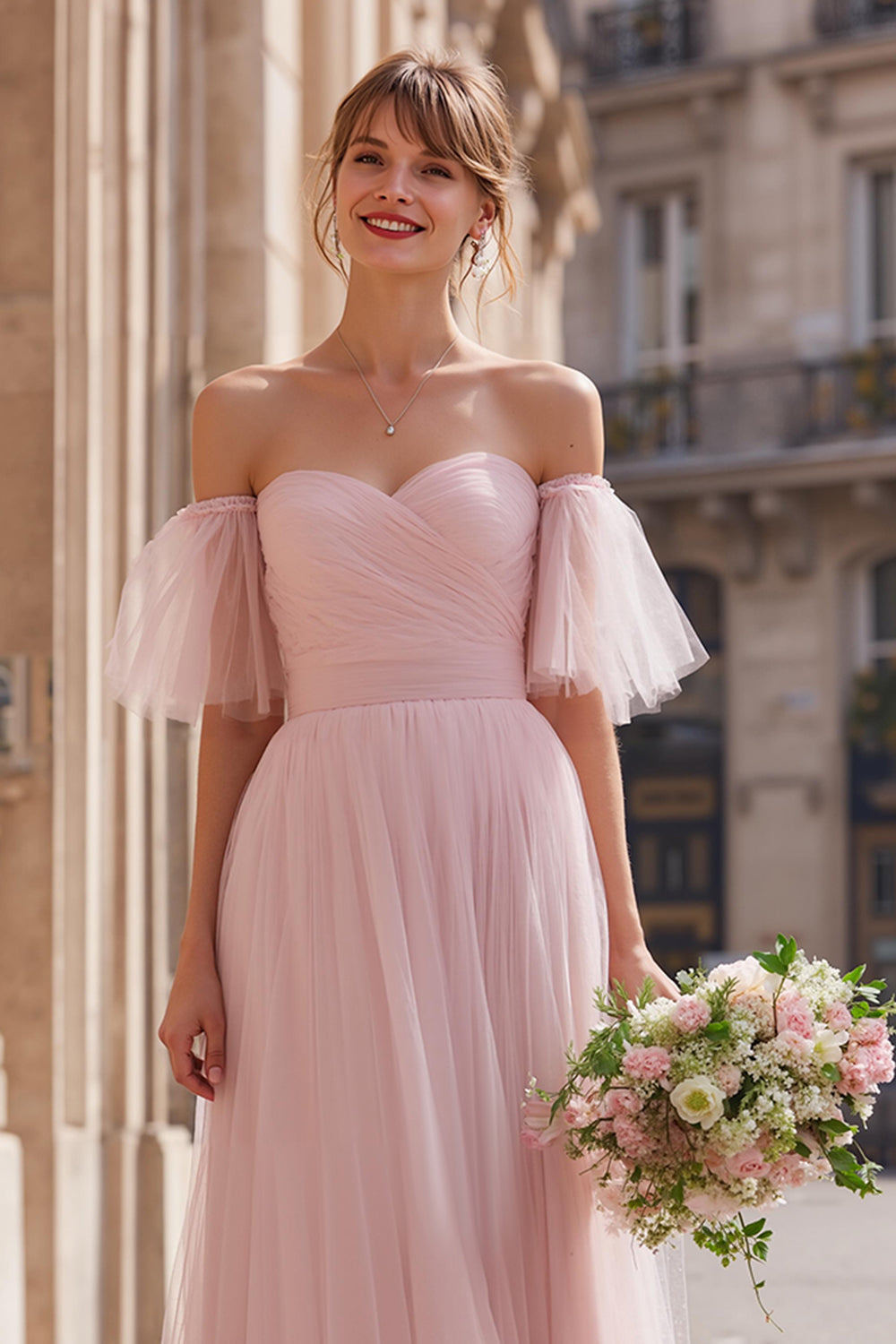 WEDTREND Women Blush Pink Bridesmaid Dress with Flutter Sleeves A-Line Off The Shoulder Tulle Wedding Guest Dress WEDTREND Women Blush Pink Bridesmaid Dress with Flutter Sleeves A-Line Off The Shoulder Tulle Wedding Guest Dress