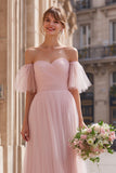 A-Line Off The Shoulder Blush Pink Bridesmaid Dress with Flutter Sleeves
