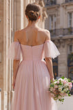 A-Line Off The Shoulder Blush Pink Bridesmaid Dress with Flutter Sleeves