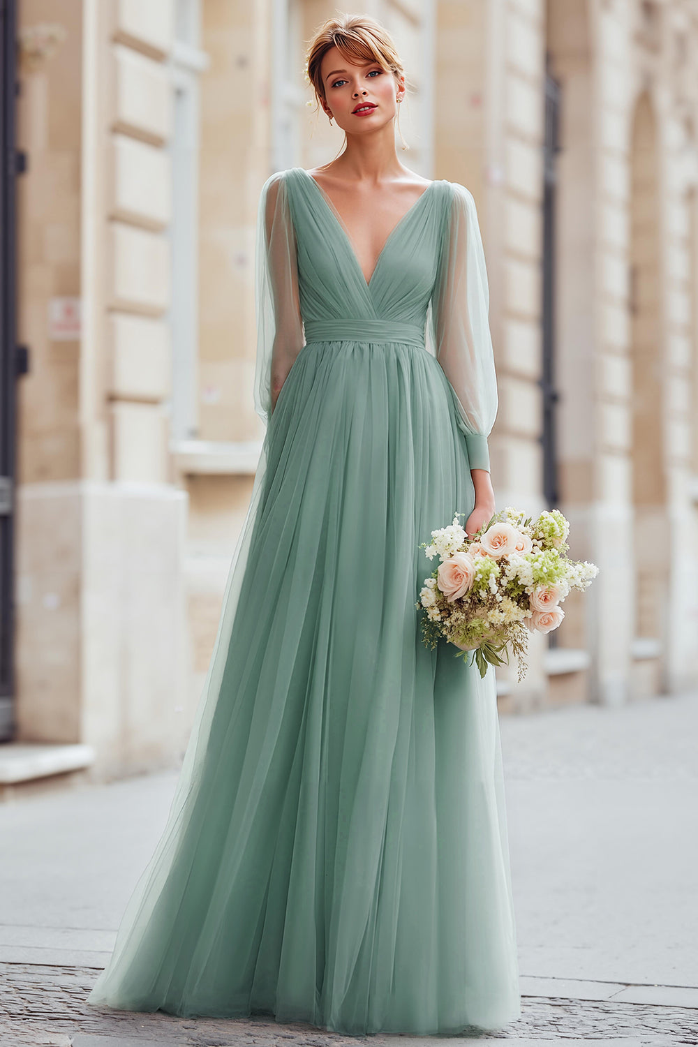 WEDTREND Women Eucalyptus Pleated Bridesmaid Dress A-Line V-Neck Long Wedding Guest Dress WEDTREND Women Eucalyptus Pleated Bridesmaid Dress A-Line V-Neck Long Wedding Guest Dress