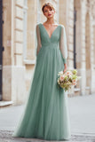 Eucalyptus A-Line V-Neck Pleated Long Bridesmaid Dress