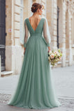 Eucalyptus A-Line V-Neck Pleated Long Bridesmaid Dress