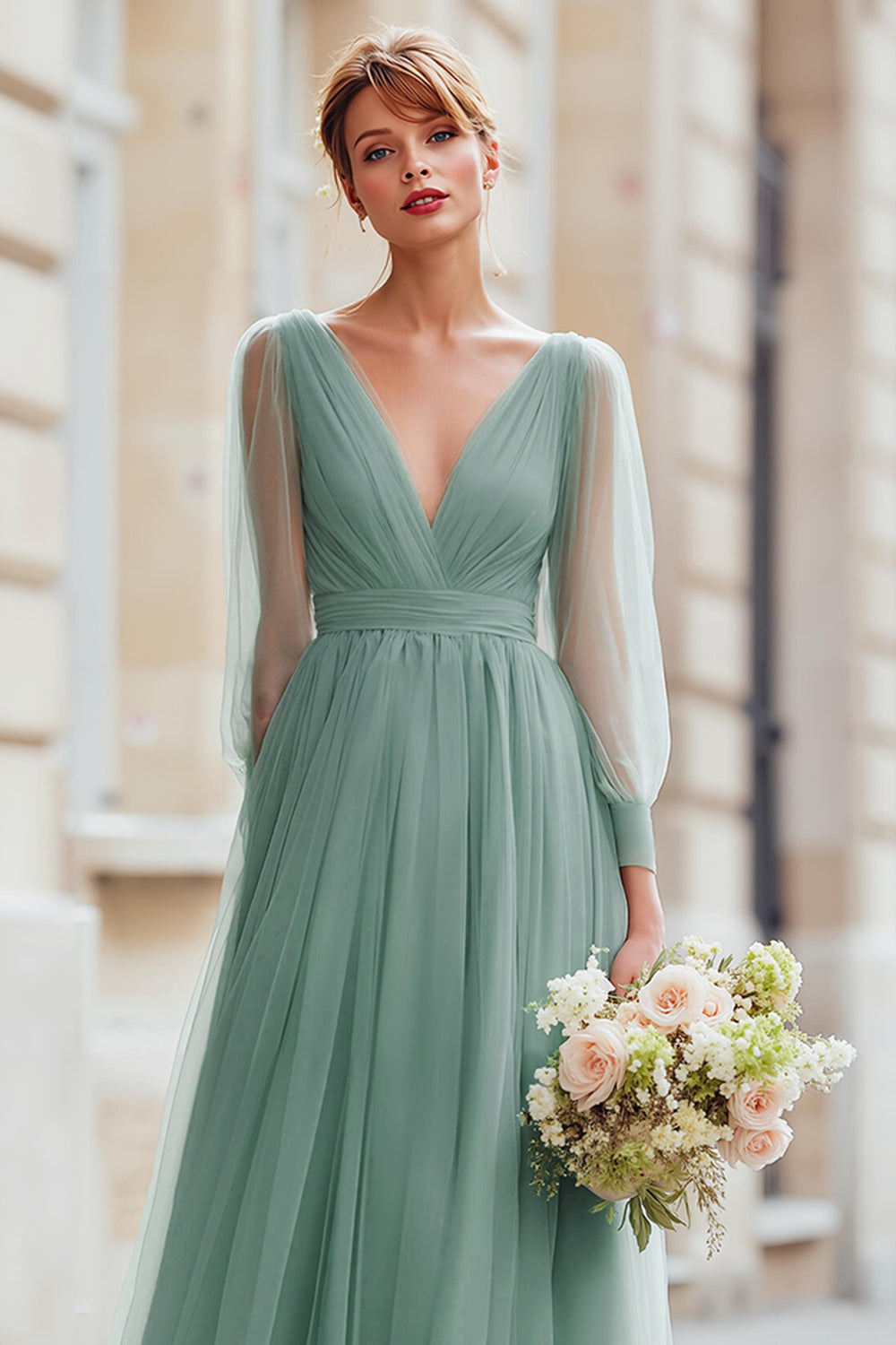 WEDTREND Women Eucalyptus Pleated Bridesmaid Dress A-Line V-Neck Long Wedding Guest Dress WEDTREND Women Eucalyptus Pleated Bridesmaid Dress A-Line V-Neck Long Wedding Guest Dress