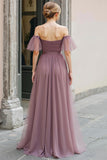 Elegant A-Line Vintage Mauve Off The Shoulder Pleated Bridesmaid Dress