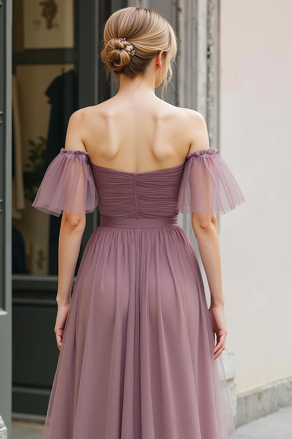 Elegant A-Line Vintage Mauve Off The Shoulder Pleated Bridesmaid Dress