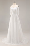White A Line Off the Shoulder Lace Half Sleeve Wedding Dress