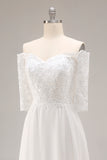 White A Line Off the Shoulder Lace Half Sleeve Wedding Dress