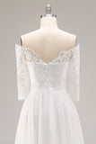White A Line Off the Shoulder Lace Half Sleeve Wedding Dress