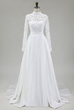 Ivory Lace A-Line High Neck Wedding Dress with Long Sleeves