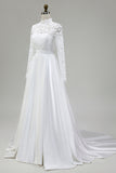 Ivory Lace A-Line High Neck Wedding Dress with Long Sleeves