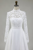 Ivory Lace A-Line High Neck Wedding Dress with Long Sleeves