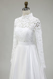 Ivory Lace A-Line High Neck Wedding Dress with Long Sleeves