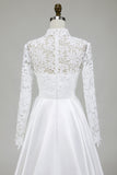 Ivory Lace A-Line High Neck Wedding Dress with Long Sleeves