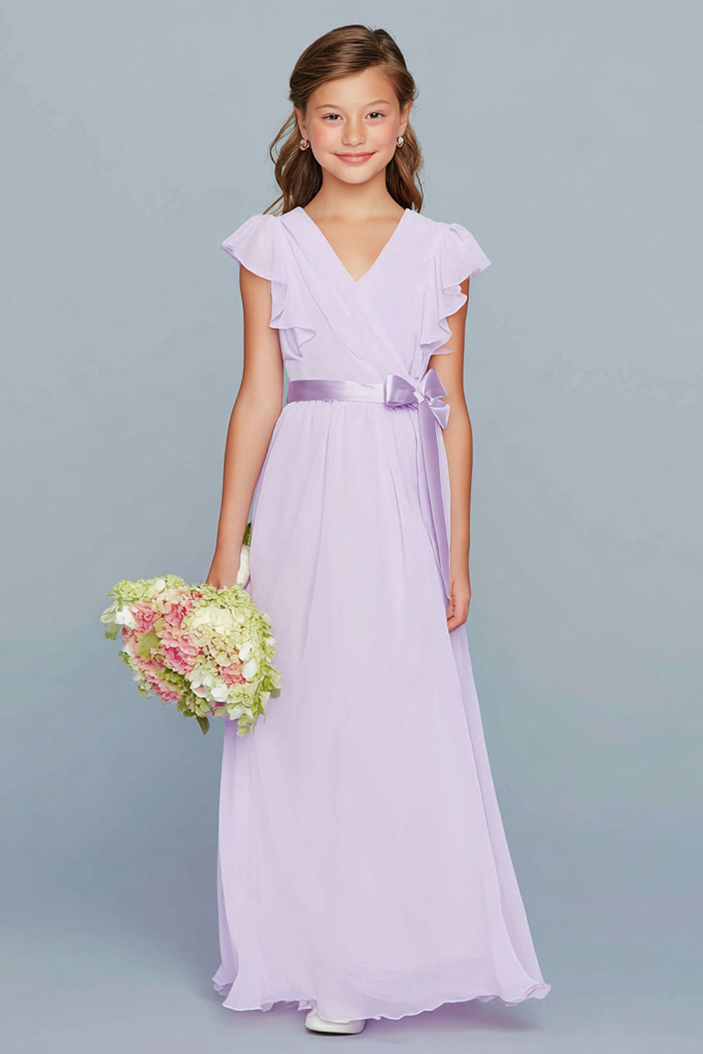 WEDTREND Women Lilac Junior Bridesmaid Dress with Ruffles A Line V-Neck Chiffon Wedding Guest Dress, Chiffon color / J14