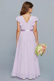 Lilac A Line V-Neck Junior Bridesmaid Dress with Ruffles