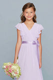 Lilac A Line V-Neck Junior Bridesmaid Dress with Ruffles