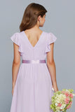 Lilac A Line V-Neck Junior Bridesmaid Dress with Ruffles