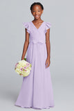Lilac V-Neck A-Line Junior Bridesmaid Dress with Bow
