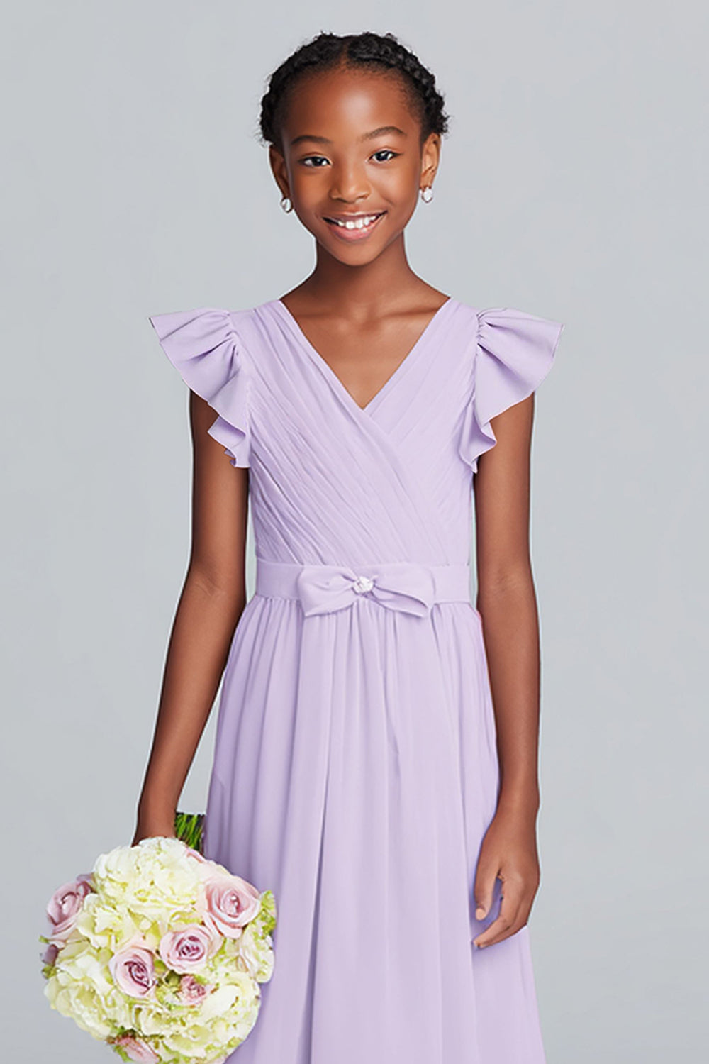 WEDTREND Women Lilac Junior Bridesmaid Dress with Bow A Line V-Neck Ruffled Chiffon Wedding Guest Dress WEDTREND Women Lilac Junior Bridesmaid Dress with Bow A Line V-Neck Ruffled Chiffon Wedding Guest Dress
