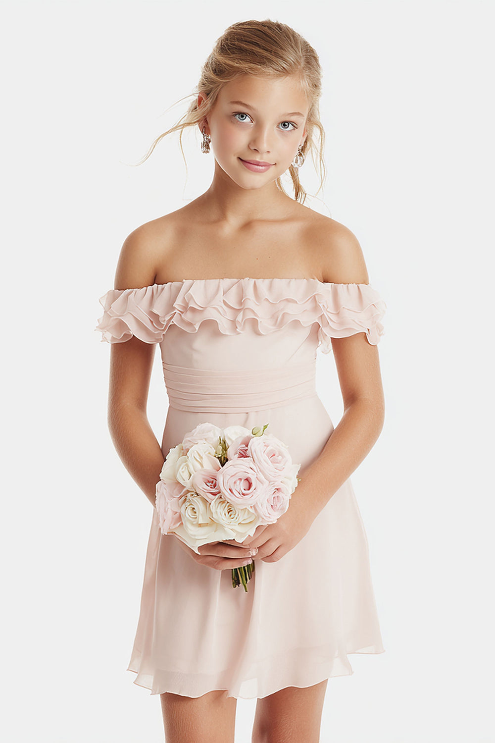 WEDTREND Women A-Line Blush Pink Short Junior Bridesmaid Dress with Ruffles Off The Shoulder Chiffon Wedding Guest Dress WEDTREND Women A-Line Blush Pink Short Junior Bridesmaid Dress with Ruffles Off The Shoulder Chiffon Wedding Guest Dress