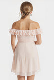 Off The Shoulder Blush Pink A-Line Short Junior Bridesmaid Dress with Ruffles