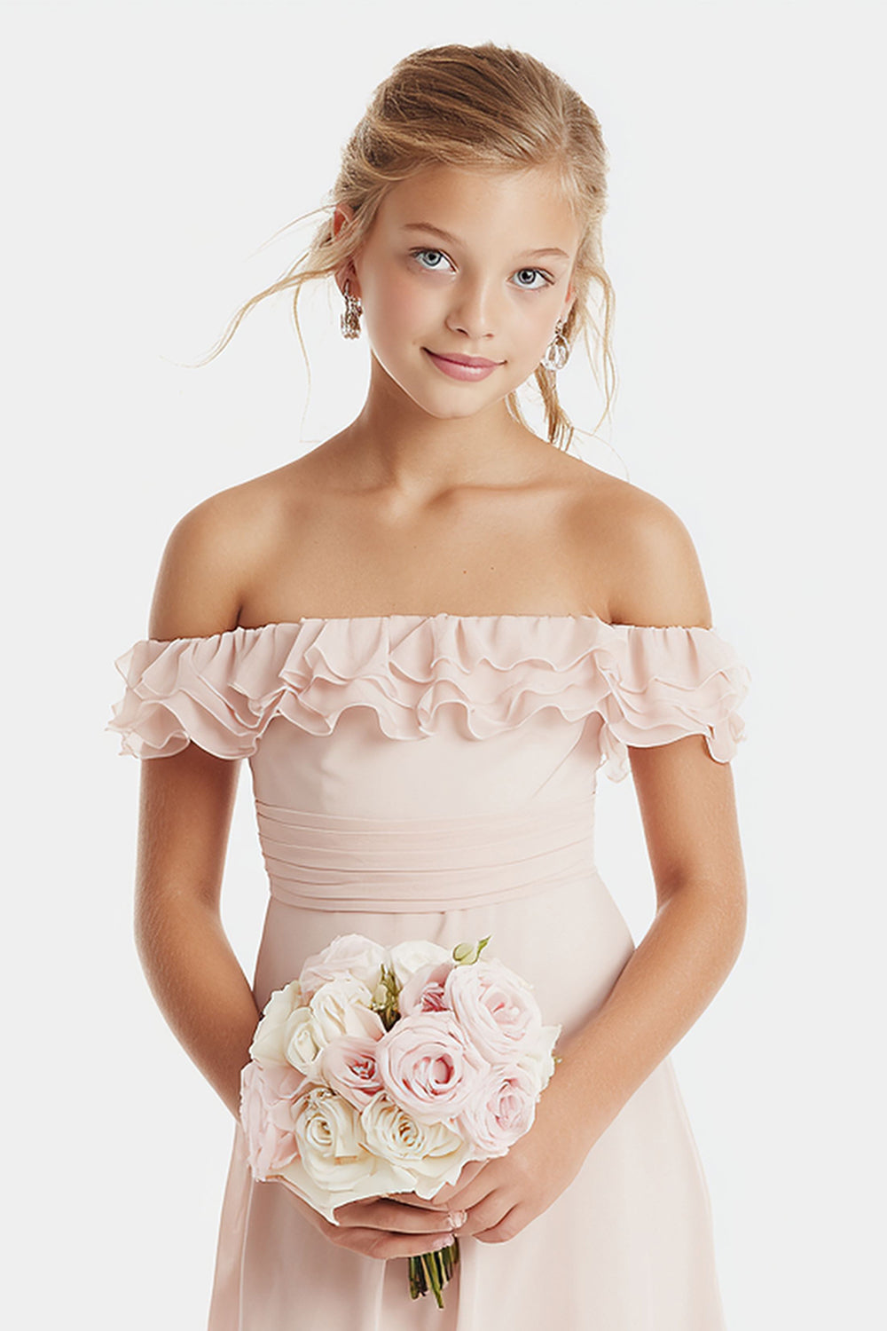 WEDTREND Women A-Line Blush Pink Short Junior Bridesmaid Dress with Ruffles Off The Shoulder Chiffon Wedding Guest Dress WEDTREND Women A-Line Blush Pink Short Junior Bridesmaid Dress with Ruffles Off The Shoulder Chiffon Wedding Guest Dress