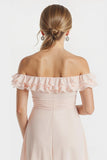 Off The Shoulder Blush Pink A-Line Short Junior Bridesmaid Dress with Ruffles