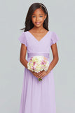 Lilac A-Line V-Neck Pleated Junior Bridesmaid Dress