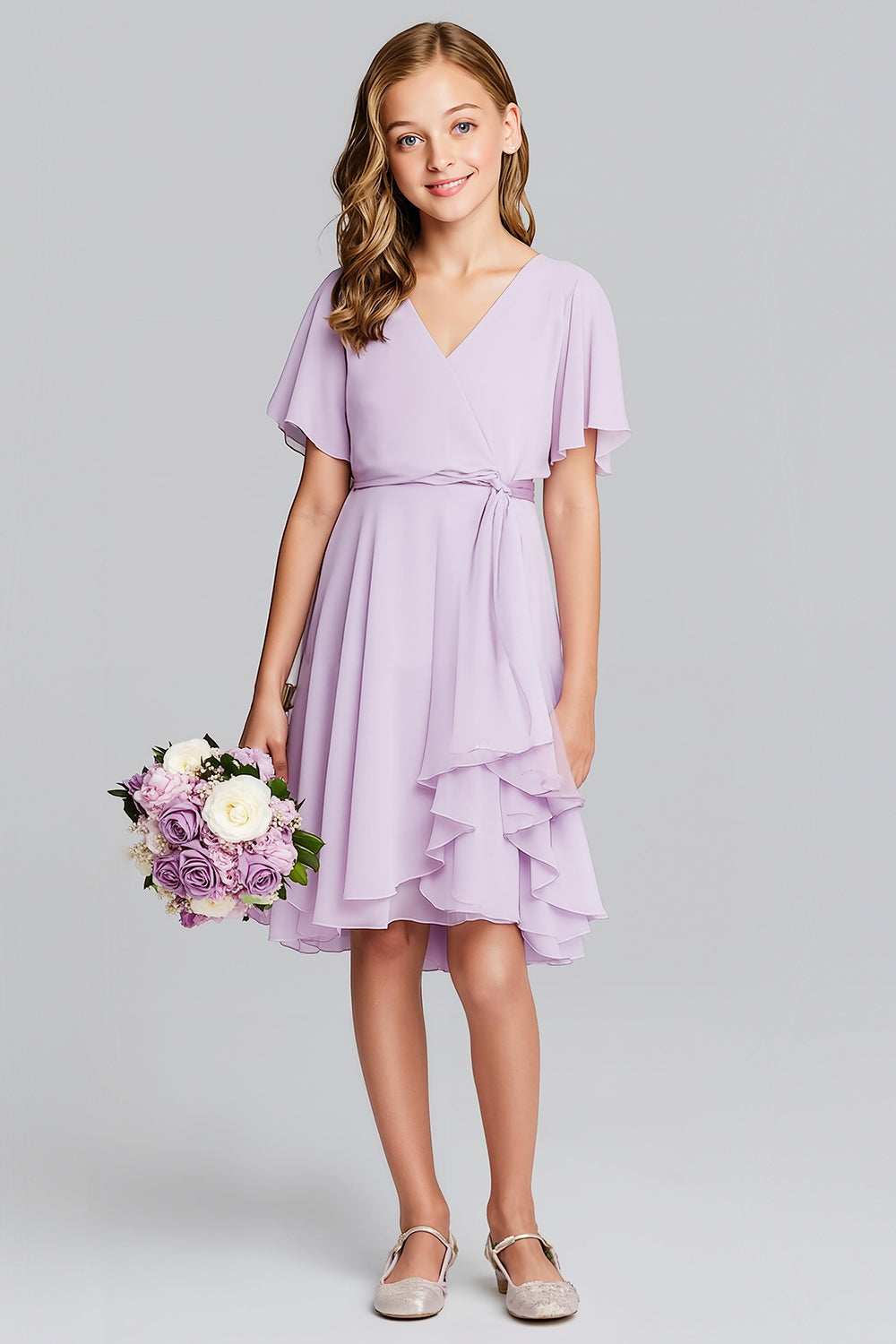 WEDTREND Women Purple Midi Junior Bridesmaid Dress A-Line Chiffon V-Neck Wedding Guest Dress WEDTREND Women Purple Midi Junior Bridesmaid Dress A-Line Chiffon V-Neck Wedding Guest Dress