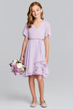 Purple Chiffon A-Line V-Neck Midi Junior Bridesmaid Dress