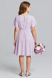 Purple Chiffon A-Line V-Neck Midi Junior Bridesmaid Dress