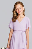 Purple Chiffon A-Line V-Neck Midi Junior Bridesmaid Dress